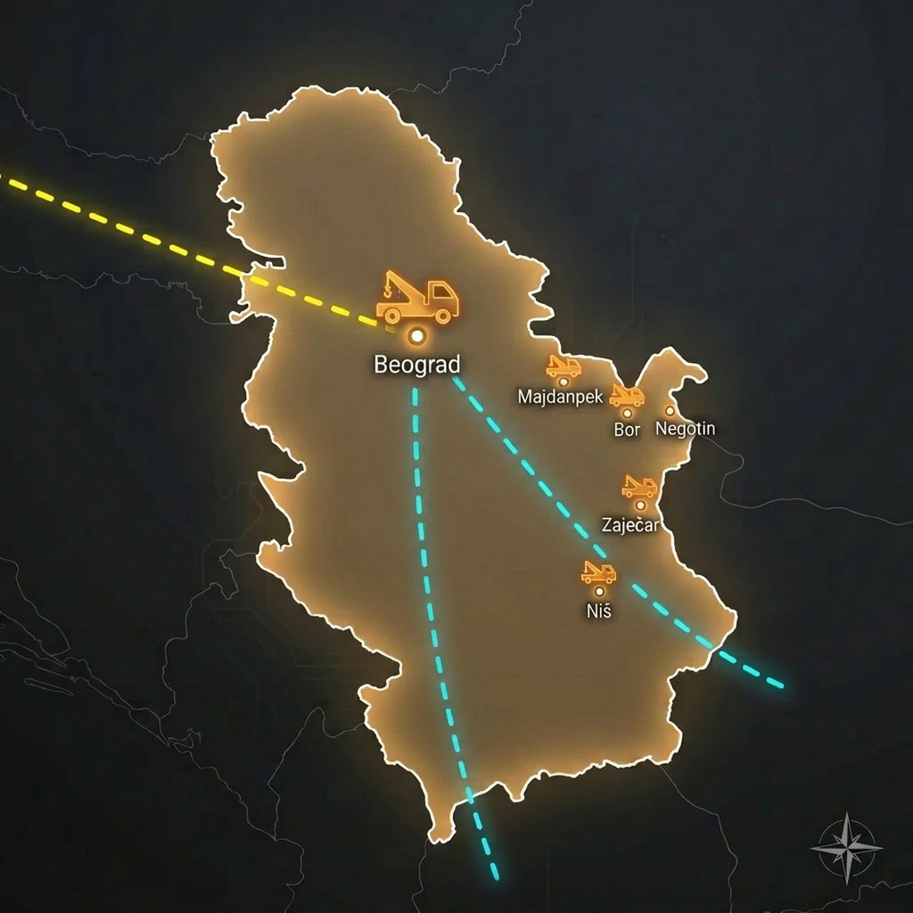 Mapa pokrivenosti — Bor kao baza, cela Srbija i inostrani prevoz ka EU, Nemačkoj, Grčkoj i Turskoj